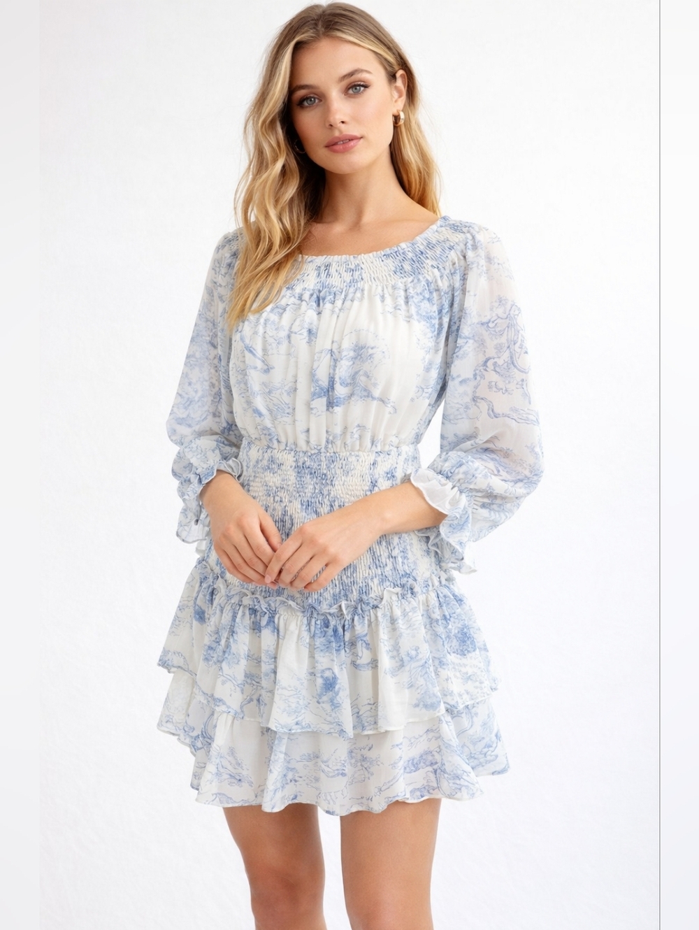 ICEC Blue & White Toile Smocked Mini Dress – Tiered Ruffle, Long Sleeve – Size L